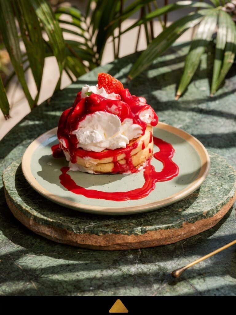 Pancakes gourmands nappés de coulis de fruits rouges et chantilly, servis lors du brunch original à Paris 1 chez Inavoué.